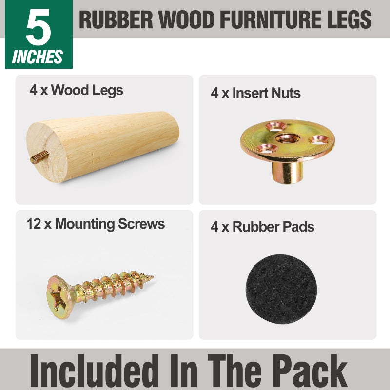 FoDau770 Rubber Wood Furniture Legs 5 Inches, Slant Tapered Wood Feet Mid Century Sofa Legs Set of 4, 5/16"" UNC Furniture Feet Replacement Parts for Cabinet Couch Dresser Chair Ottoman Table - Image 2